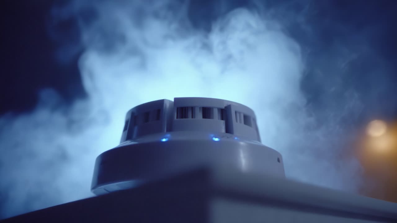 A Smoke Detector Activating in a Dimly Lit Environment, Highlighting Its Functionality and Technological Design Amidst Surreal Smoke Effects