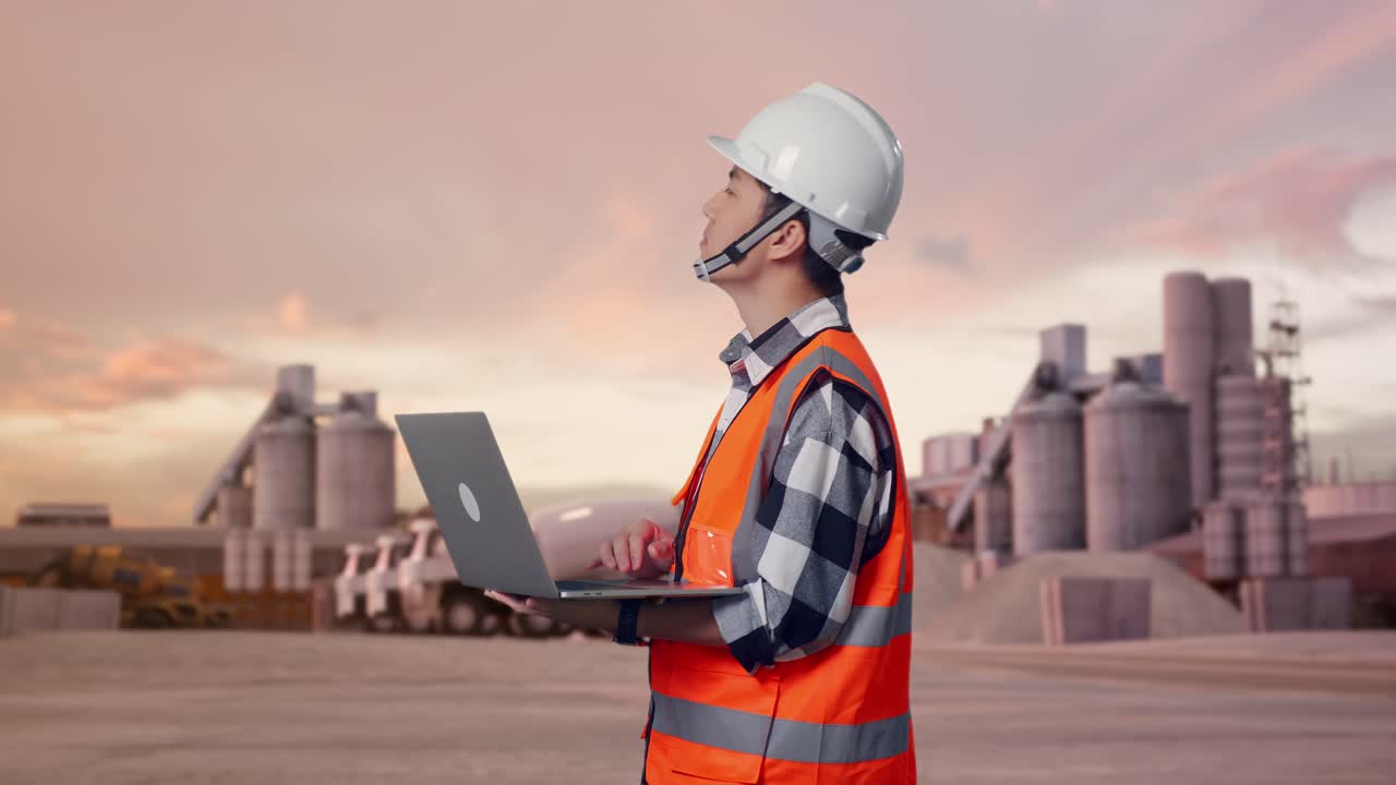 Tampak Samping Insinyur Pria Asia Mengenakan Helm Pengaman Bekerja di Laptop dan Melihat Sekeliling Sambil Berdiri di Pabrik Semen Industri dengan Truk Pengaduk saat Matahari Terbenam