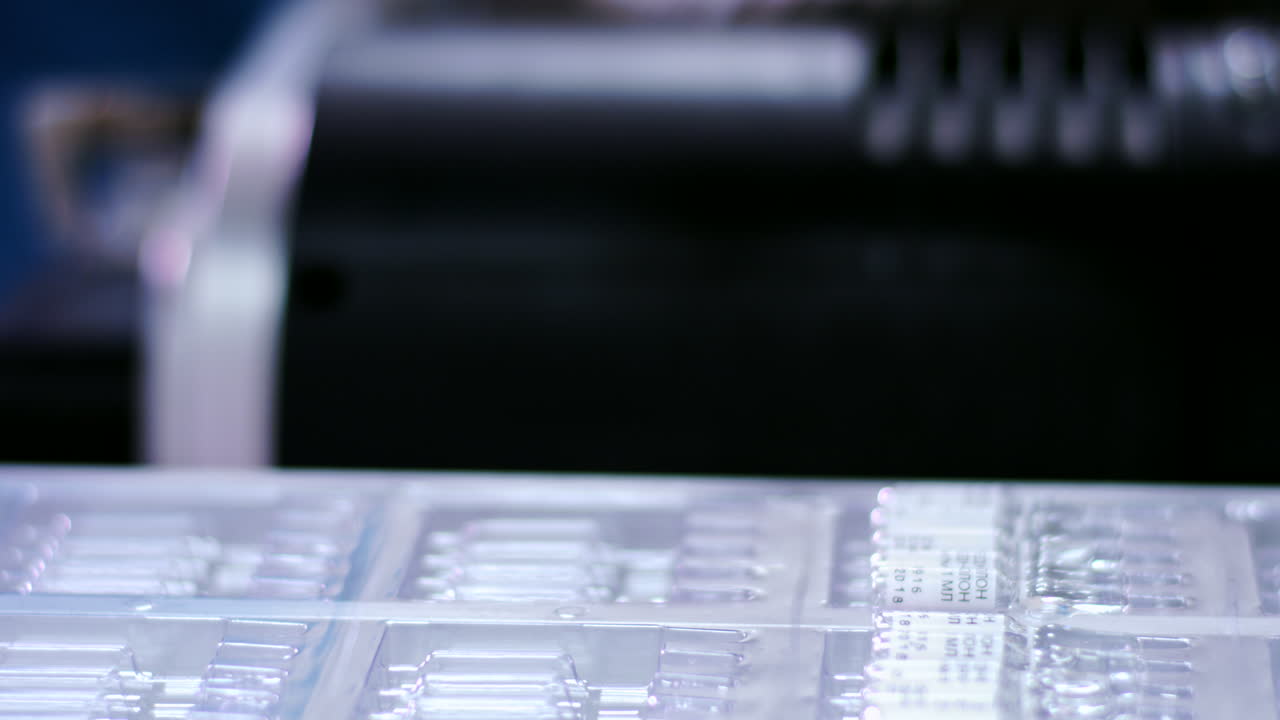 fabricación farmacéutica. brazo robótico puso ampolla médica en la línea de producción