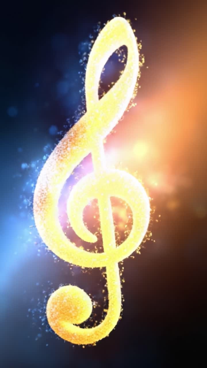 Una nota musicale luminosa in particelle scintillanti su uno sfondo colorato, che cattura l'essenza del ritmo e della melodia in un'incantevole esposizione artistica.