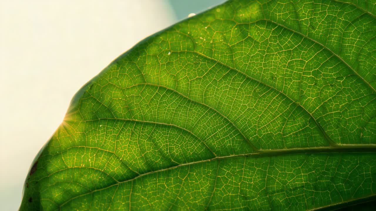 Sliding camera showing broad green leaf closer under backlit sky to show midrib, veins and specks