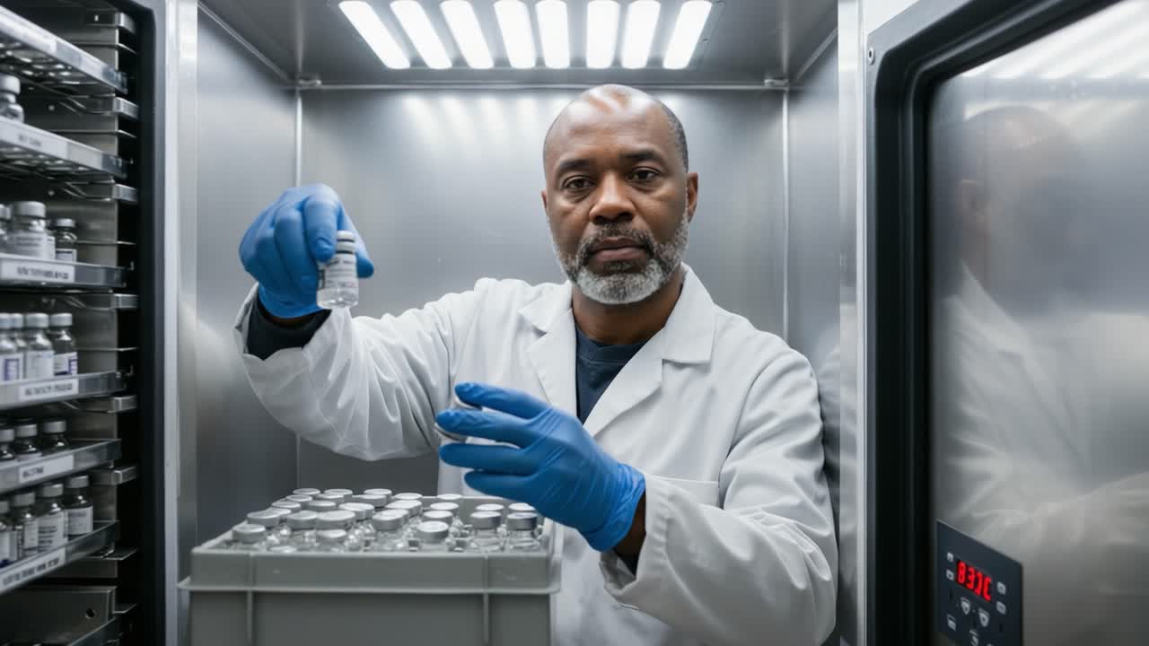 A focused professional examines vaccine vials in a refrigerated storage unit, ensuring proper handling and organization for future distribution and patient safety