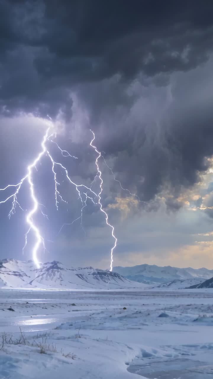 Potenti fulmini su un paesaggio montano innevato.