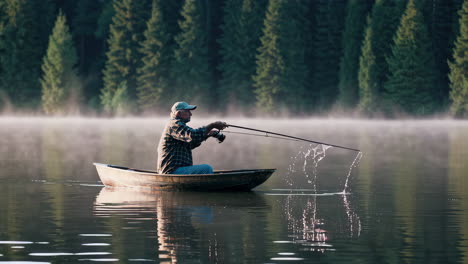 man fishing on a misty lake at sunrise