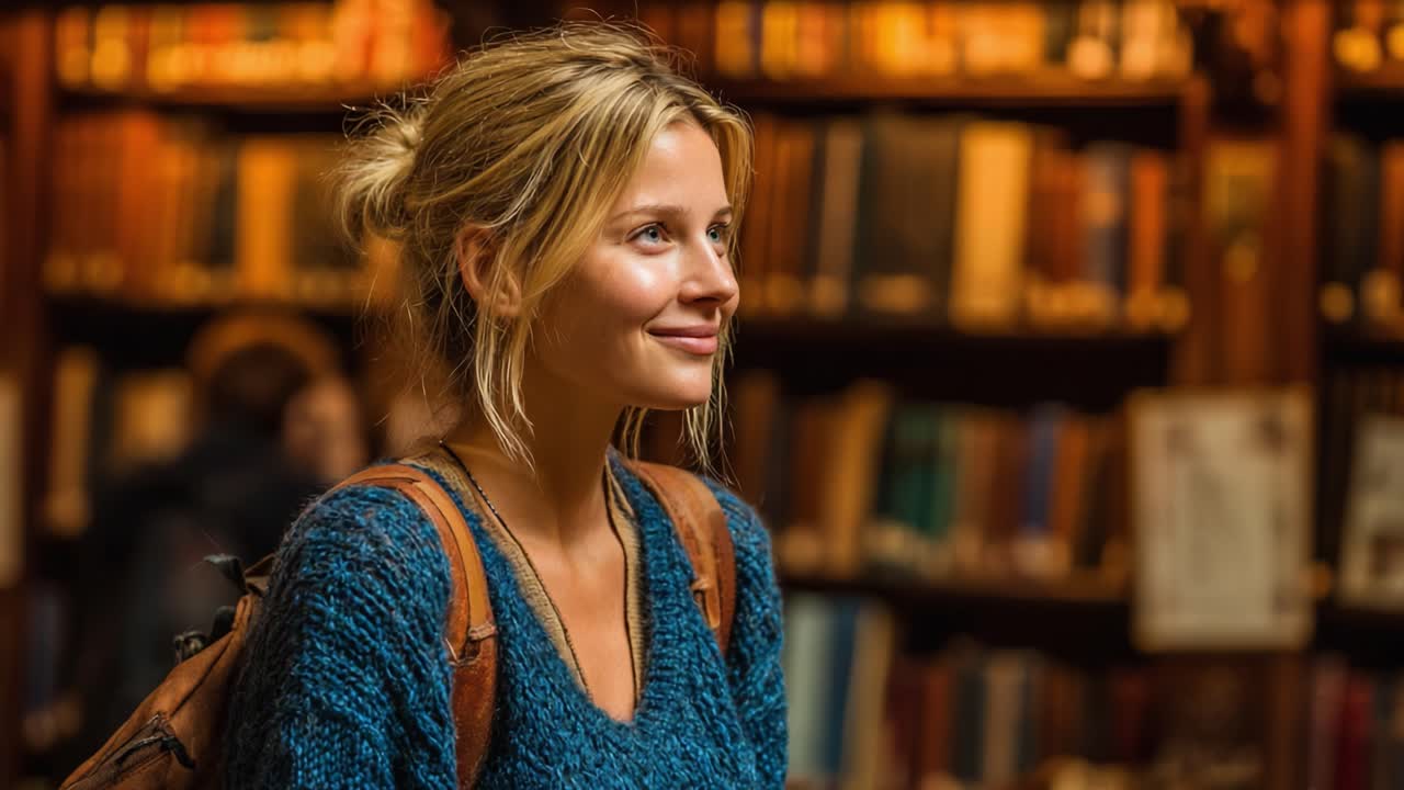 A Thoughtful Moment: A Young Woman Smiles Reflectively in a Cozy Library Surrounded by Books, Lost in Contemplation and Discovery
