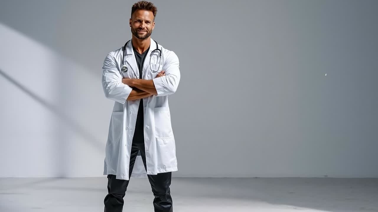 A man in a white lab coat with a stethoscope on his neck