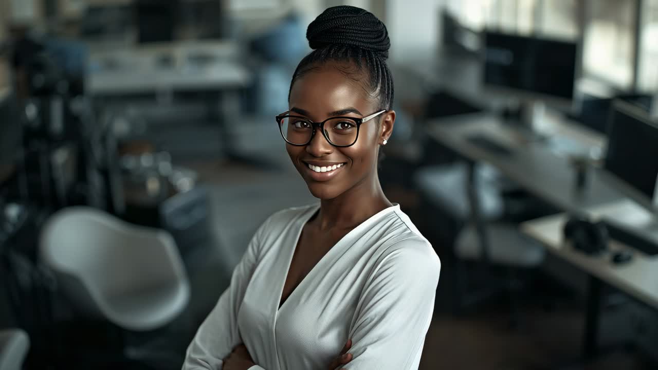 Standing woman arms crossed on camera, making moves in office, wearing glasses and white blouse