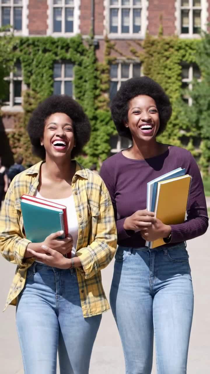Two happy young female college students laughing together on university campus