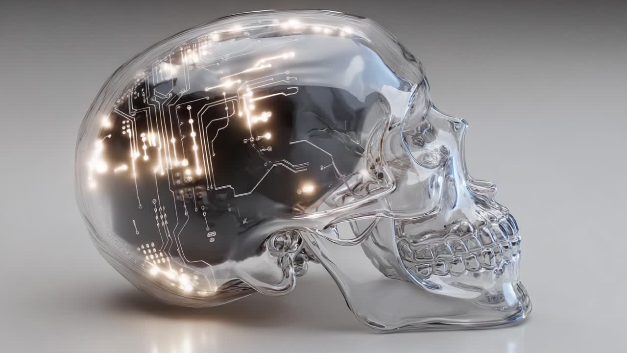 A Glowing Cybernetic Skull: A Futuristic Fusion of Technology and Human Anatomy Displaying Intricate Circuit Patterns and Illuminated Details