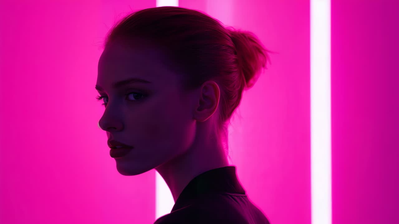 Recording jacketed model shifting head into side profile closing eyes on magenta set with LED bars