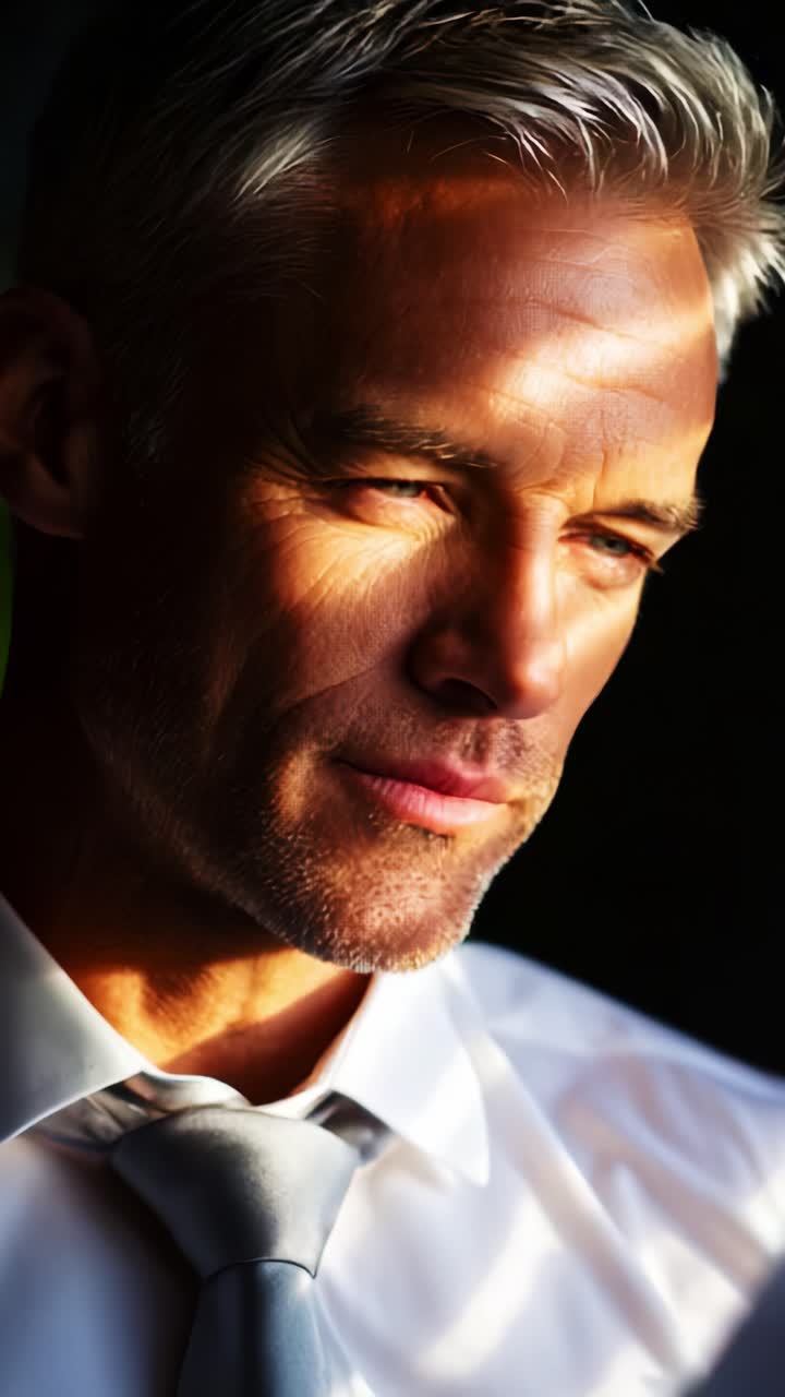 A confident man with silver hair in a crisp white shirt and light gray tie gazing thoughtfully, illuminated by warm natural light and dramatic shadows