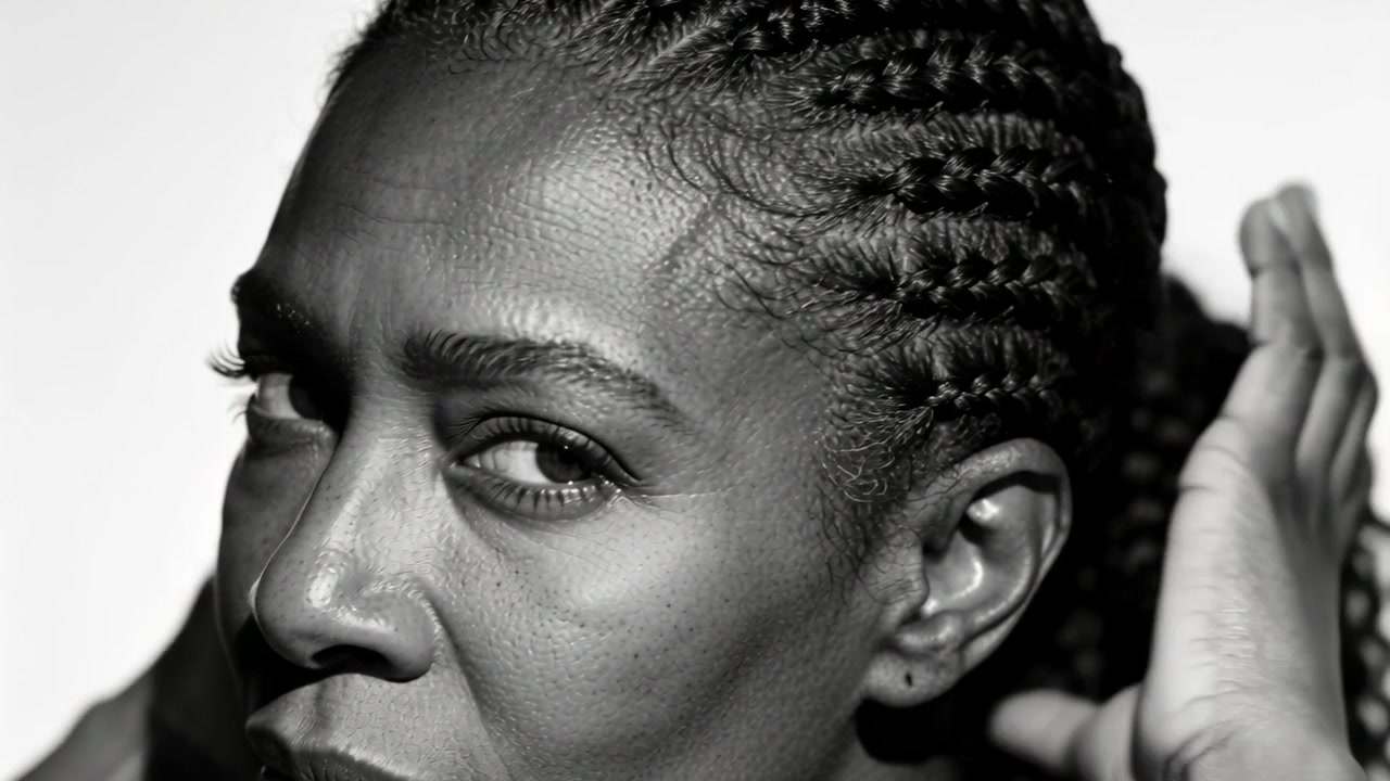 Shifting gaze, woman with cornrow braids gathering ponytail in studio portrait, securing hair tie