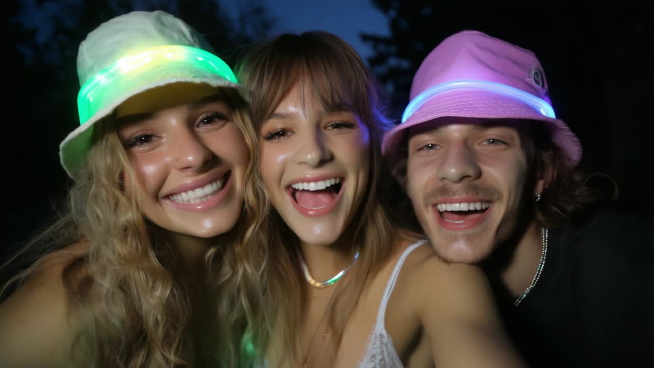 Three Friends Enjoying a Fun Evening Together with Colorful Light-Up Hats, Smiling and Capturing the Joy of Friendship in a Vibrant Atmosphere Filled with Laughter and Happiness