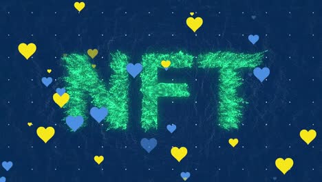 animation of nft text and falling hearts on dark background