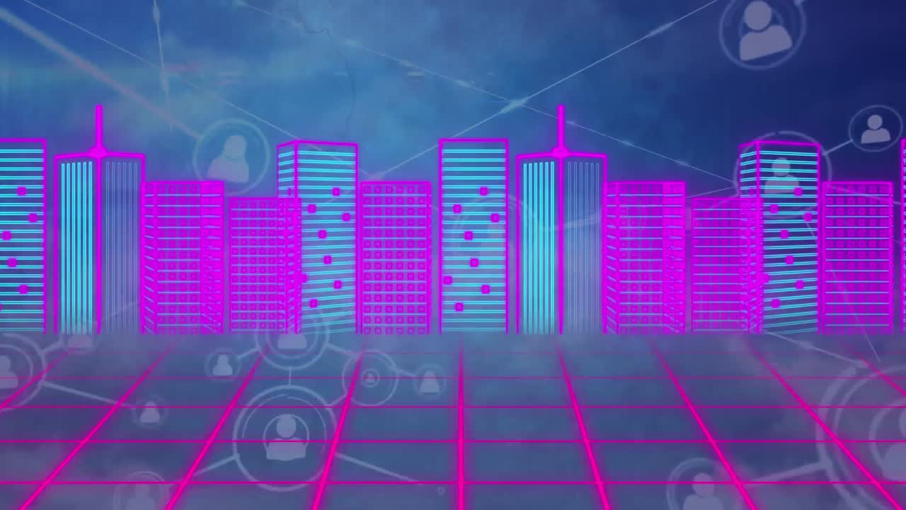 Animation of network of connections over skyscrapers on blue background