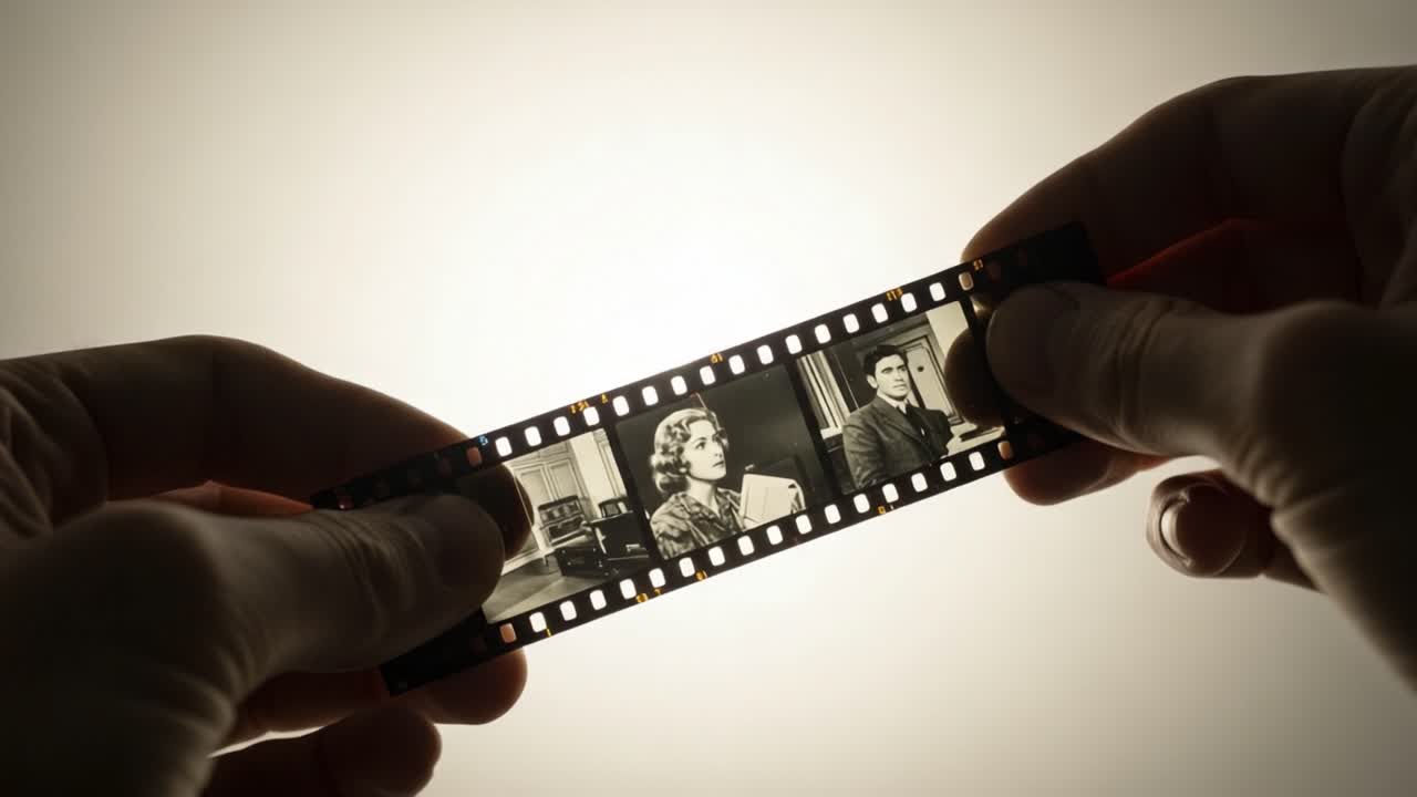 A close-up view of hands holding a film strip featuring vintage black and white portraits, highlighting the artistry and importance of photographic history and nostalgia
