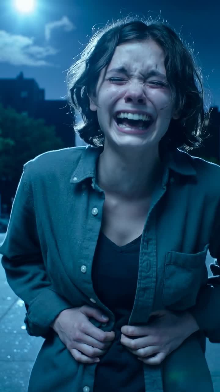 Donna che piange, si stringe l'addome inferiore e preme la camicia e la canottiera su un tetto di notte.