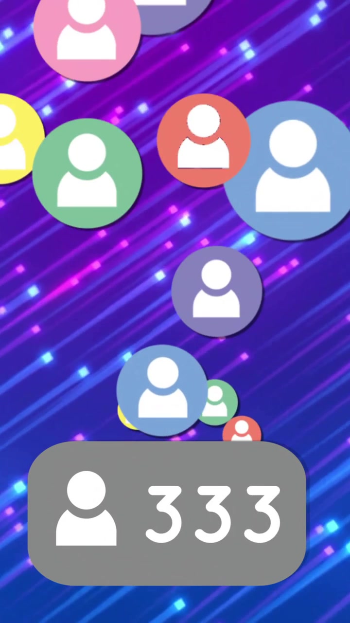 Colored avatars rising, grouping in portrait UI with neon streaks, gray counter updating to 630