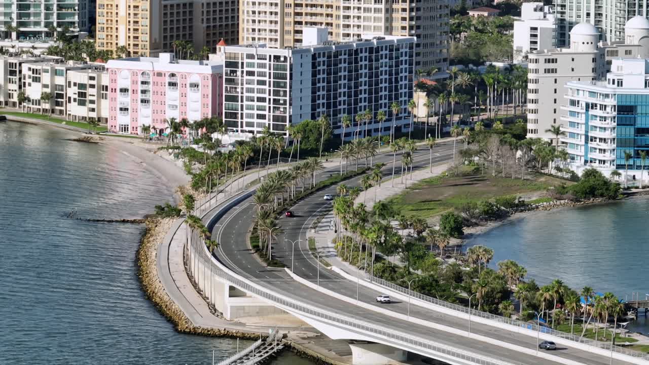 Palm tree Avenue leading through downtown of Sarasota, Florida.