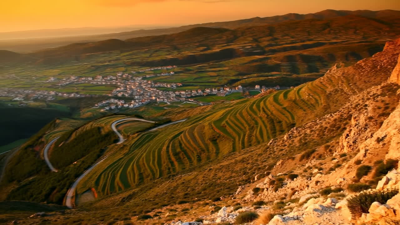 Tramonto dorato su colline terrazzate con strade serpeggianti, piccolo villaggio nella valle, scogliera rocciosa in primo piano, tonalità calde
