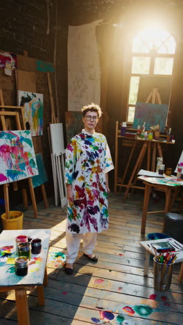 artist in a paint-splattered studio