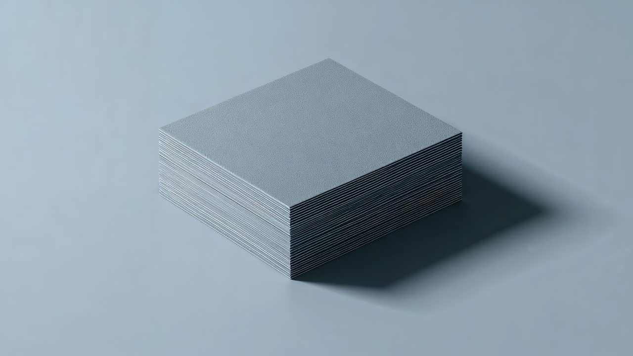 Shifting camera revealing square stack of thin sheets on matte table, shadow shifting to show edges