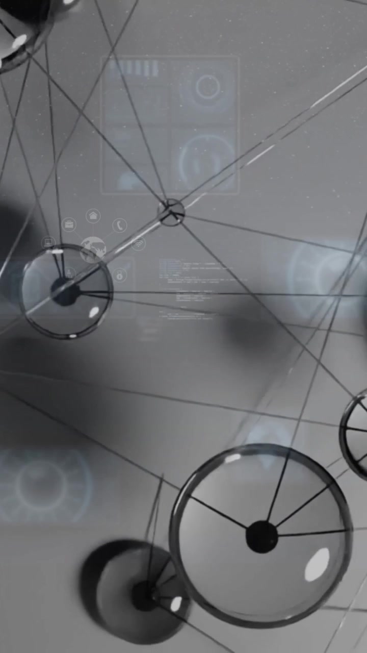 Animazione di una rete di connessioni ed elaborazione dati su sfondo grigio
