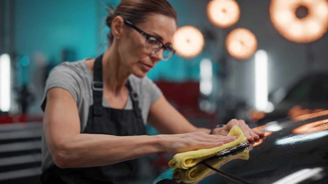 Detailing a Car: A Focused Woman Cleans the Surface with a Cloth in an Automotive Workshop Bathed in Soft Lighting, Showcasing Precision and Care