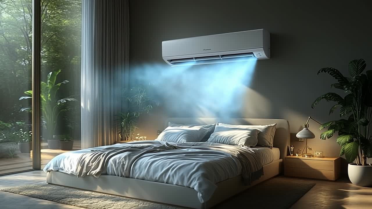 Cozy AC bedroom at sunset. Warm sunlight fills the cozy bedroom with a soft glow as the air conditioner blows cool air over a neatly made bed.