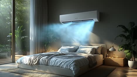 cozy ac bedroom at sunset. warm sunlight fills the cozy bedroom with a soft glow as the air conditioner blows cool air over a neatly made bed.