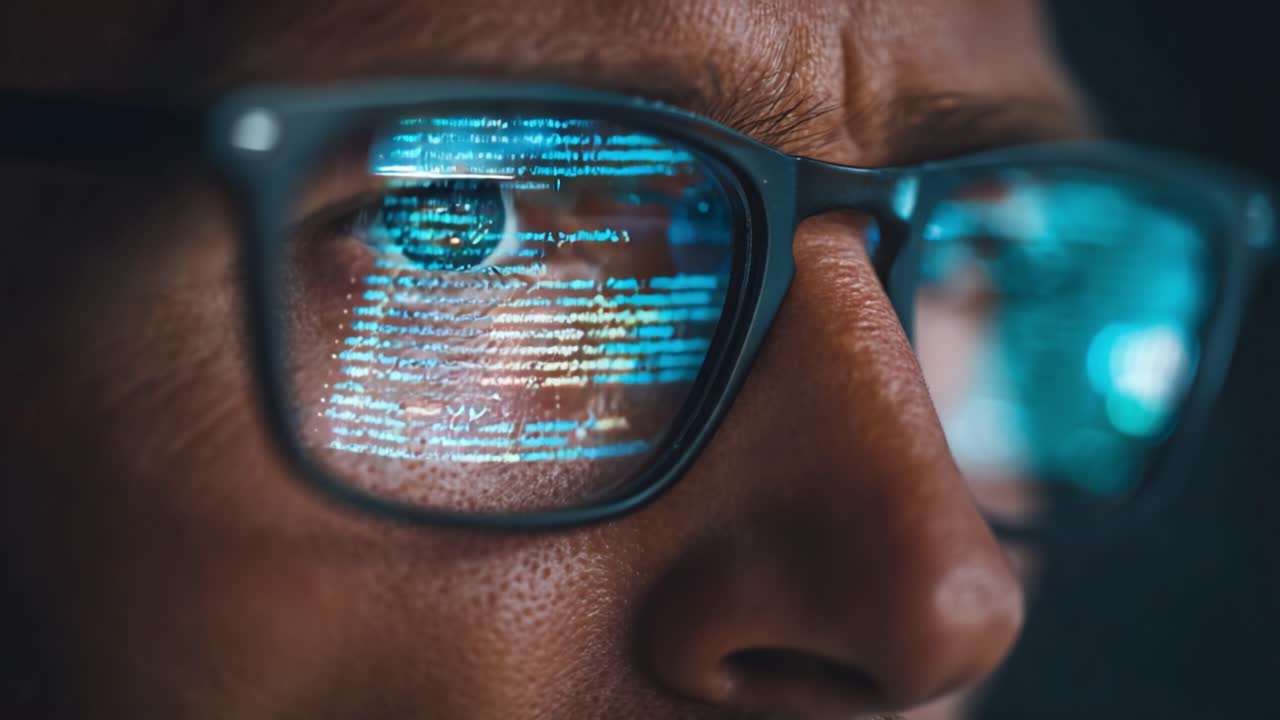 A Close-Up View of a Focused Programmer Analyzing Complex Code Reflections in Eyeglasses, Highlighting the Intersection of Technology and Human Intelligence