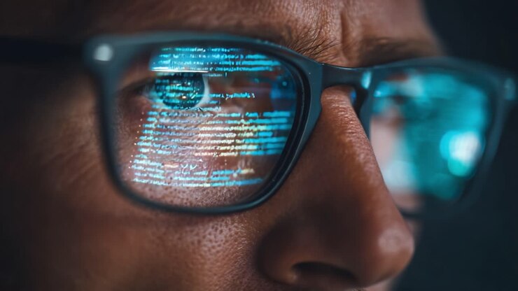 A Close-Up View of a Focused Programmer Analyzing Complex Code Reflections in Eyeglasses, Highlighting the Intersection of Technology and Human Intelligence