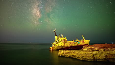 milky way time lapse over coral bay, cyprus with a shipwreck on a rocky coastline