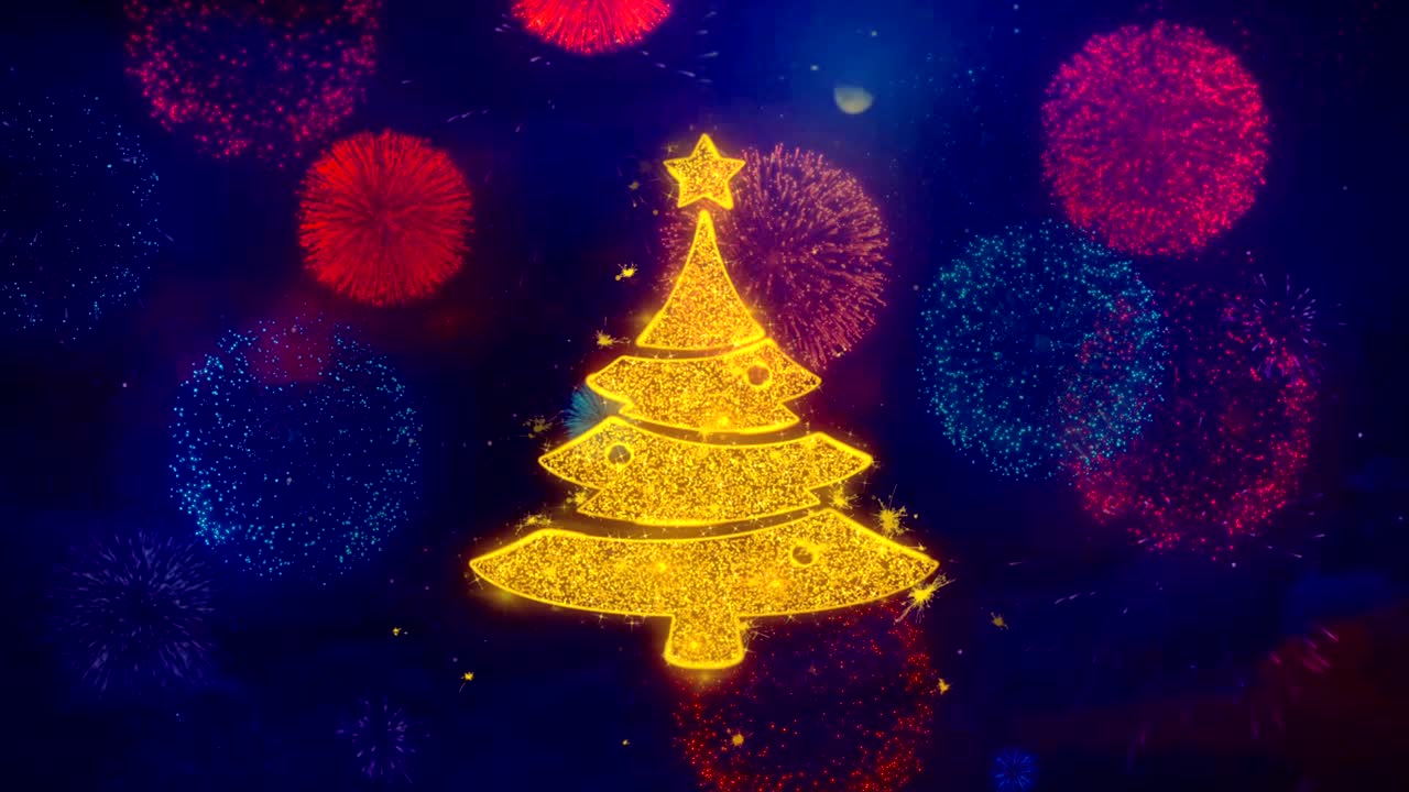 el símbolo del icono de la estrella del árbol de navidad en coloridas partículas de fuegos artificiales.