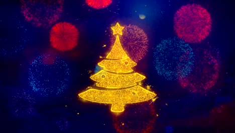 christmas tree star icon symbol on colorful fireworks particles.