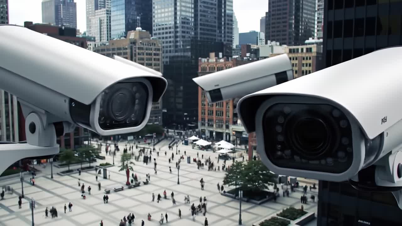 Surveillance Systems Overlooking a Busy Urban Plaza: Close-Up Views of Security Cameras Monitoring the Crowds Below