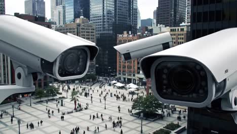 surveillance systems overlooking a busy urban plaza: close-up views of security cameras monitoring the crowds below