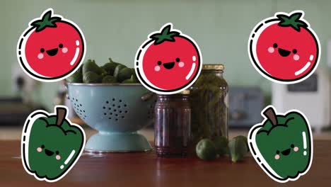 Animation-of-vegetables-icons-over-vegetables-in-jars