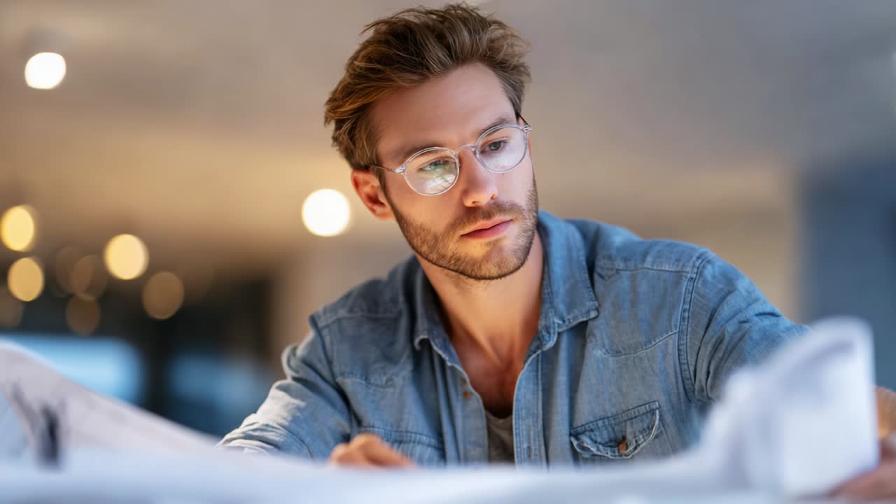 Focused Young Man Analyzing Documents in a Relaxed Setting with Modern Lighting, Capturing the Essence of Dedication and Thoughtfulness in a Contemporary Workspace