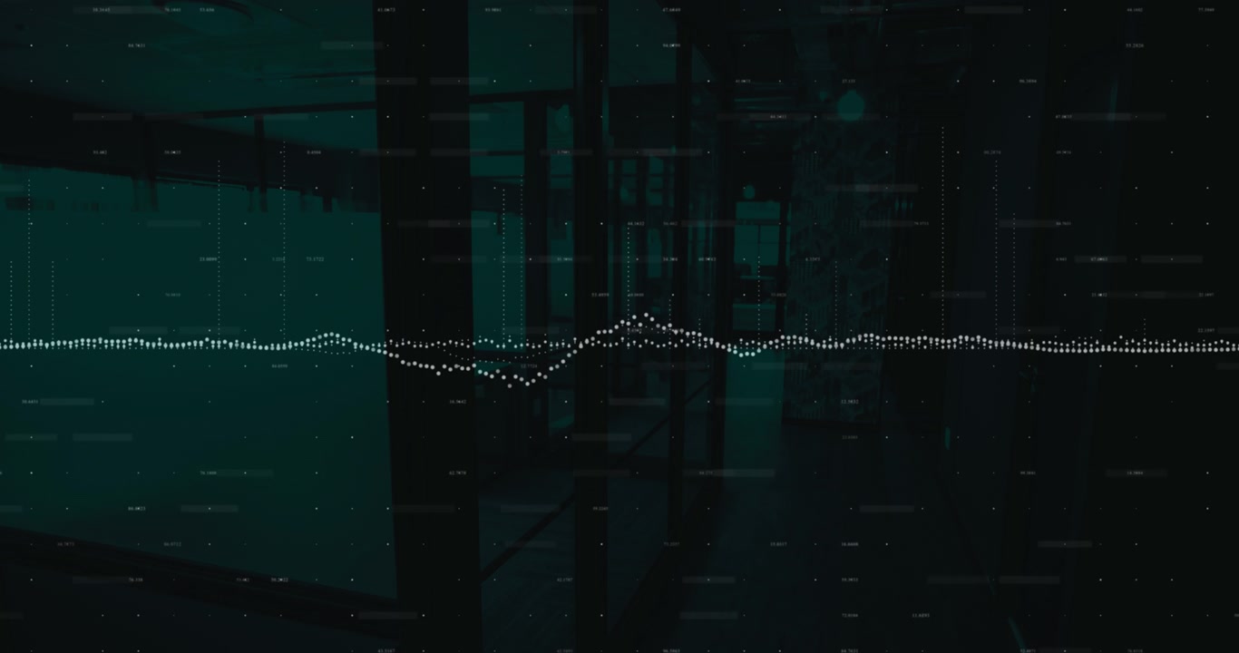 Financial data processing over cityscape against dark background