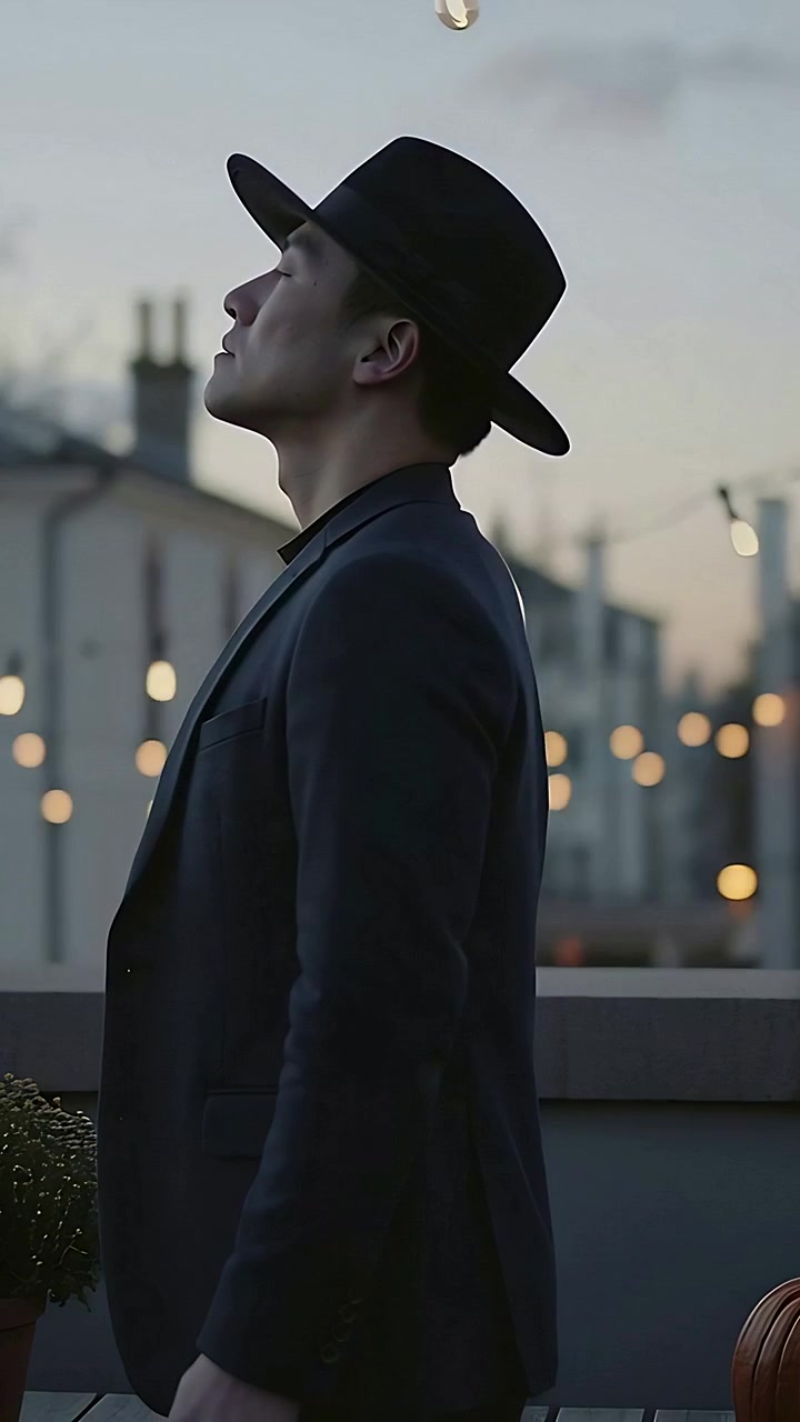 Vertikal video: Mens skumringen faller, tilter kameraet opp mot en mann med hatt og blazer på et tak med gresskar og lys