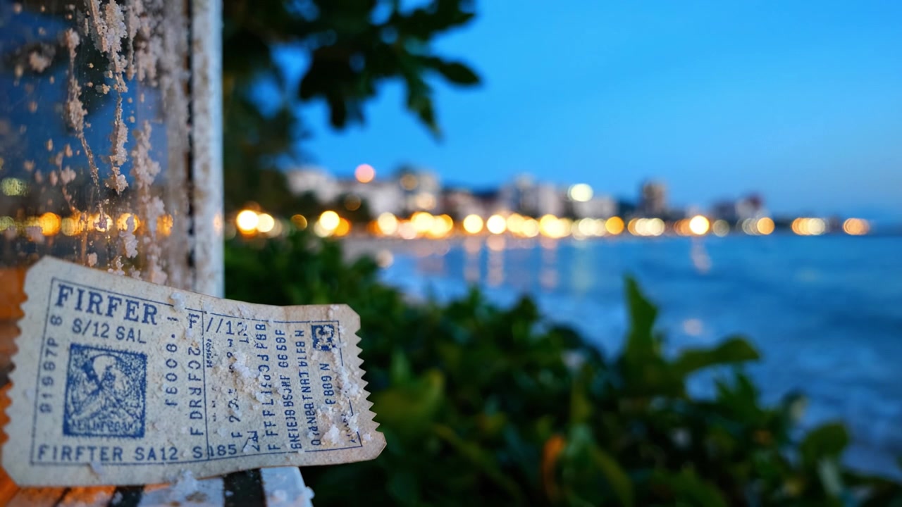 Een verweerd ticket aan de oceaan bij zonsondergang, dat de schoonheid van een kustavond toont met vervaagde stadslichten op de achtergrond en zachte golven die de kust strelen.