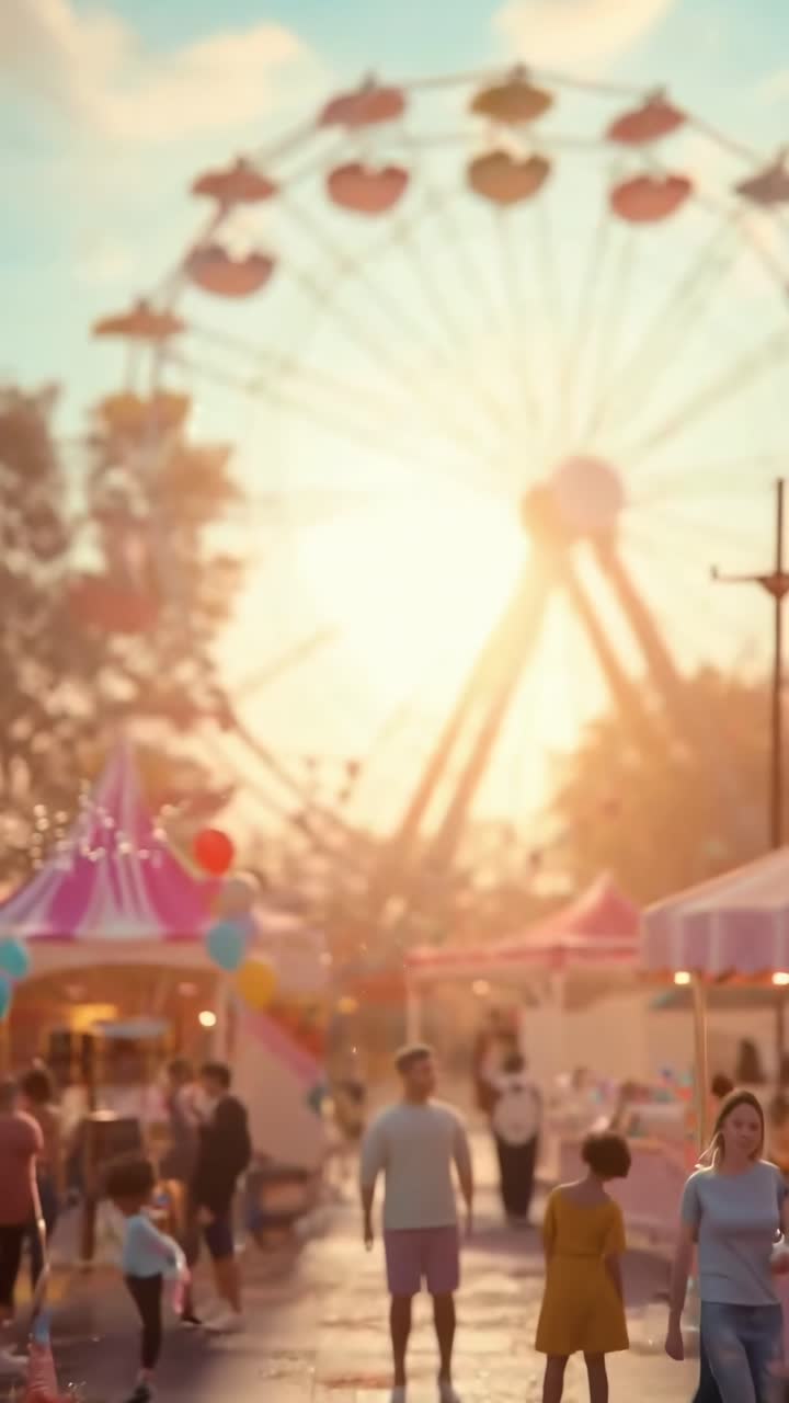 Cena vibrante de carnaval ao pôr do sol, tomada em ângulo baixo, capturando barracas festivas e uma roda-gigante