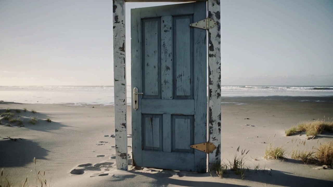 Inicio de secuencia mostrando una puerta azul desgastada abriéndose hacia afuera en una playa de arena, revelando el marco.