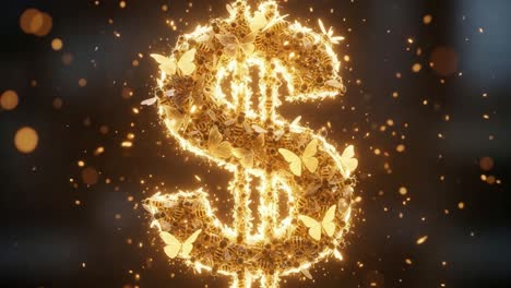 a stunning visualization of a dollar sign illuminated with golden sparkles and adorned with delicate butterflies, symbolizing the beauty and complexity of wealth and nature