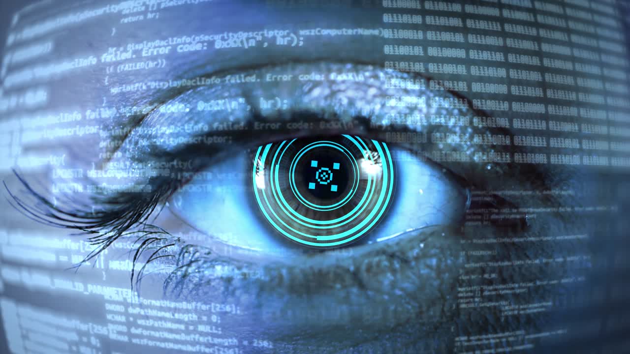 Eye with futuristic vision system program code on a computer screen software development and hacking