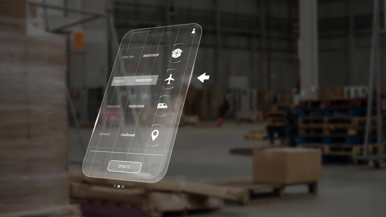 animación del procesamiento de datos en pantalla sobre el almacén