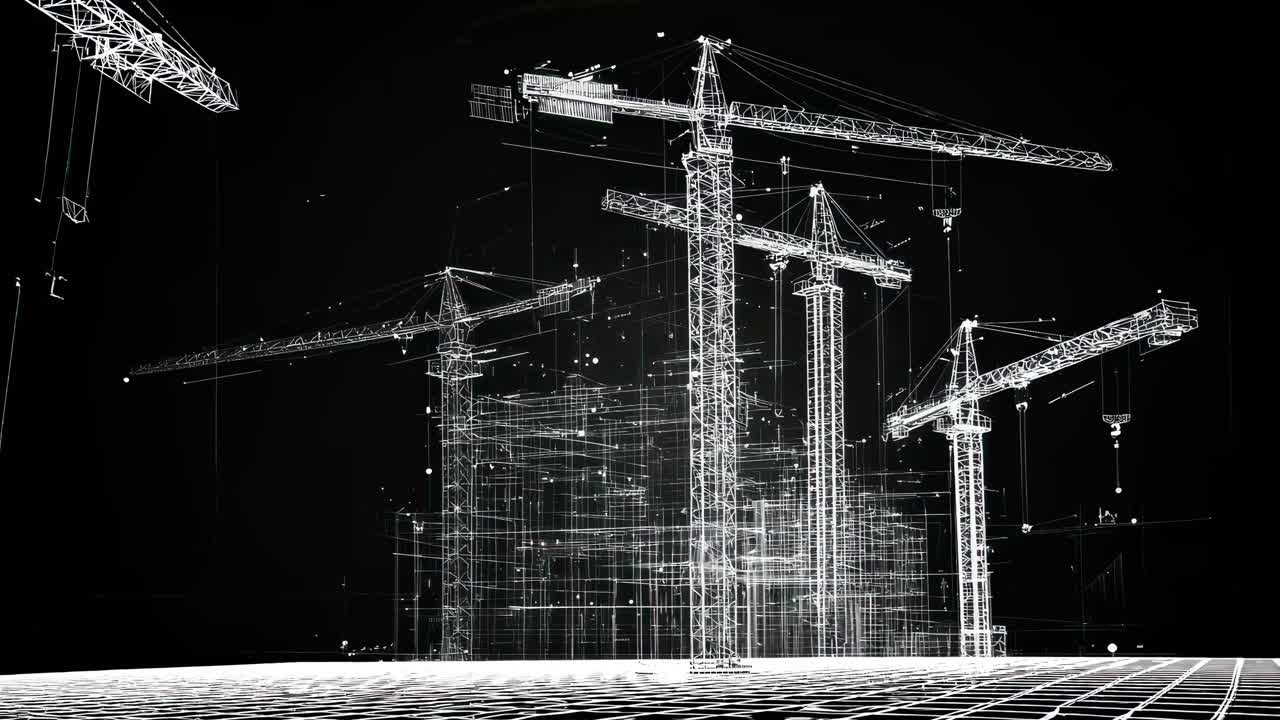 Futuristic wireframe construction cranes in a digital landscape