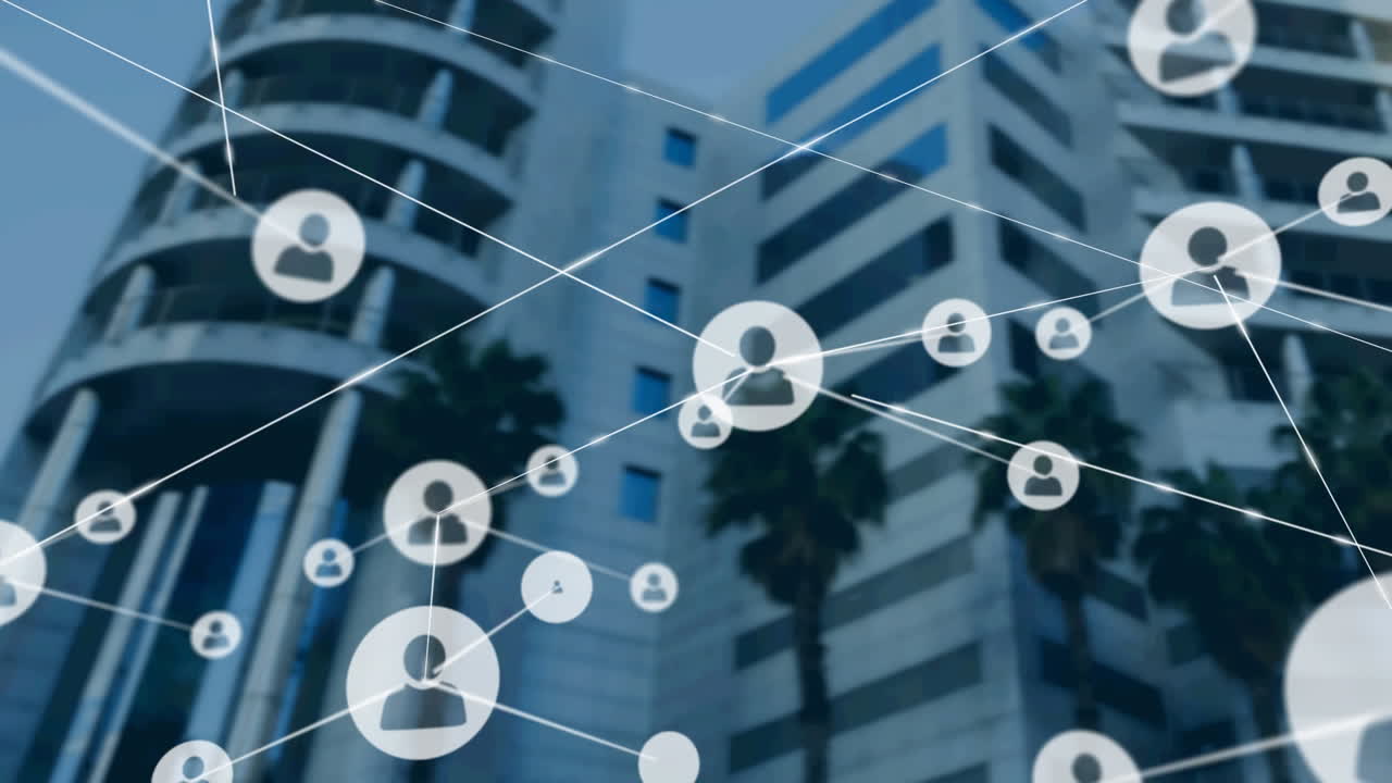 현대적인 사무실 건물 위의 아이콘과 연결 네트워크의 애니메이션