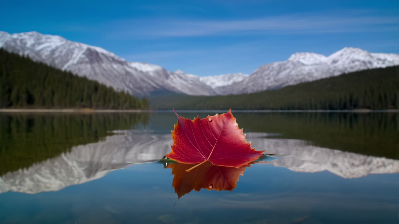 Vibrant Red Leaf Floating on a Serene Lake with Mountain Reflections